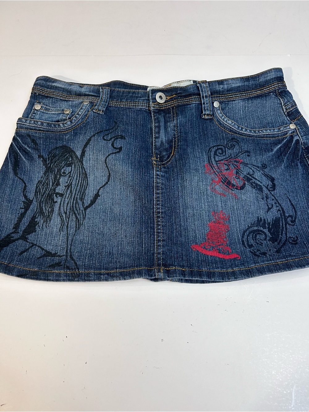 Graphic Print Blue Denim Mini Skirt
